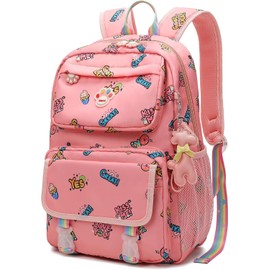 Wonder Comfort Kids Backpack for School Large Capacity Bookbag with Cute Pendant Anti-Theft Pocket & Side Mesh Pockets for Girls Ages 6-8, Lightweight Canvas Backpack for Travel and Everyday Use