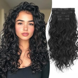 Aisaide Clip in Hair Extensions, 4PCS 20 inch Curly Hair Extensions Short Soft Natural Hairpiece Lace Weft Black Curly Wave Clip Ins Extensions Invisible for Women,Natural Black