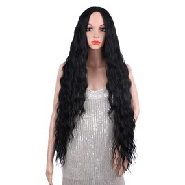 Atohallan Long Black Wig for Women 36 inch Super Long Water Wavy Wigs Heat Resistant Synthetic Soft Wavy Fluffy Curly Wig for Daily Party Use