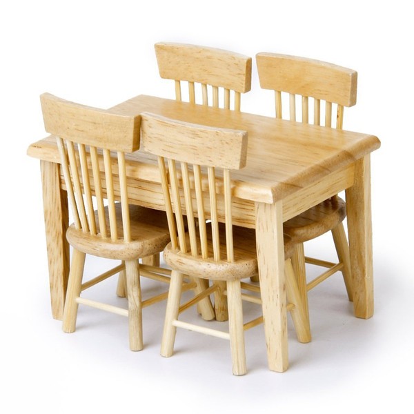 VORCOOL 5pcs 1/12 Dollhouse Miniature Dining Table Chair Wooden Furniture Set (Wood Color)