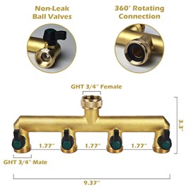 Tesmotor 4 Way Brass Tap Splitter, 3/4 Inch 4 Way Hose Tap Splitter with 4 Individual Valves for Garden Kitchen Faucet