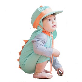 Baby Boys Girls Swimsuit Dinosaur Rash Guard Sun Protection Set Kids One Piece Zipper Bathing Suit Swimwear with Hat（Green,12-18Months）