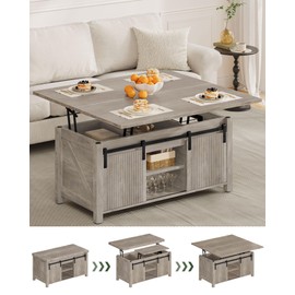 CHOEZON Lift Top Coffee Table, 4 in 1 Versatile Coffee Table, Farmhouse Convertible Coffee Tables, with Hidden Compartments, with Sliding Doors, for Living Room, Dining Room, Apartment, Greige MKF01FH