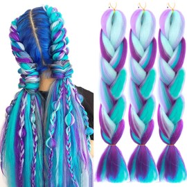 Raheem Pack of 3 Jumbo Braids Hair 24 Inch Braided Hair Extensions, Braided Hair Extensions with 3 Crochet Hooks, Fashionable Synthetic Hair for Braiding Hair (Cyan, Purple, Blue, White)