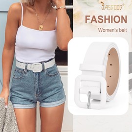 JASGOOD Women’s Leather Belt for Jeans Pants Candy Color Fashion Square Buckle Belt Ladies Belts for Dresses, White, Fits Waist Size 35"-40"