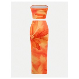 SHENHE Girl's Floral 2 Piece Summer Outfits Strapless Crop Tube Top and Slit Maxi Skirt Set Orange 14Y
