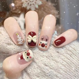 Christmas Press on Nails Short, Red Christmas Fake/False Nails with Cute White Bow&Elk Press ons Designs Square Christmas Nails Press on Acrylic Artificial Nails Stick on Nails For Women 24Pcs