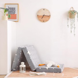 Tiita Trifold Floor Mattress for Kids, Glow in The Dark Baby Kids Futon with Removable Cover, Portable Foam Toddler Nap Mat with Storage Bag for Girls and Boys, Grey Star