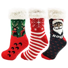 Sherpa Lined Slipper Socks, 3 Pairs for Women, Fluffy Christmas Winter Patterned with Gripper Bottoms, Warm Soft & Comfortable (Christmas A)
