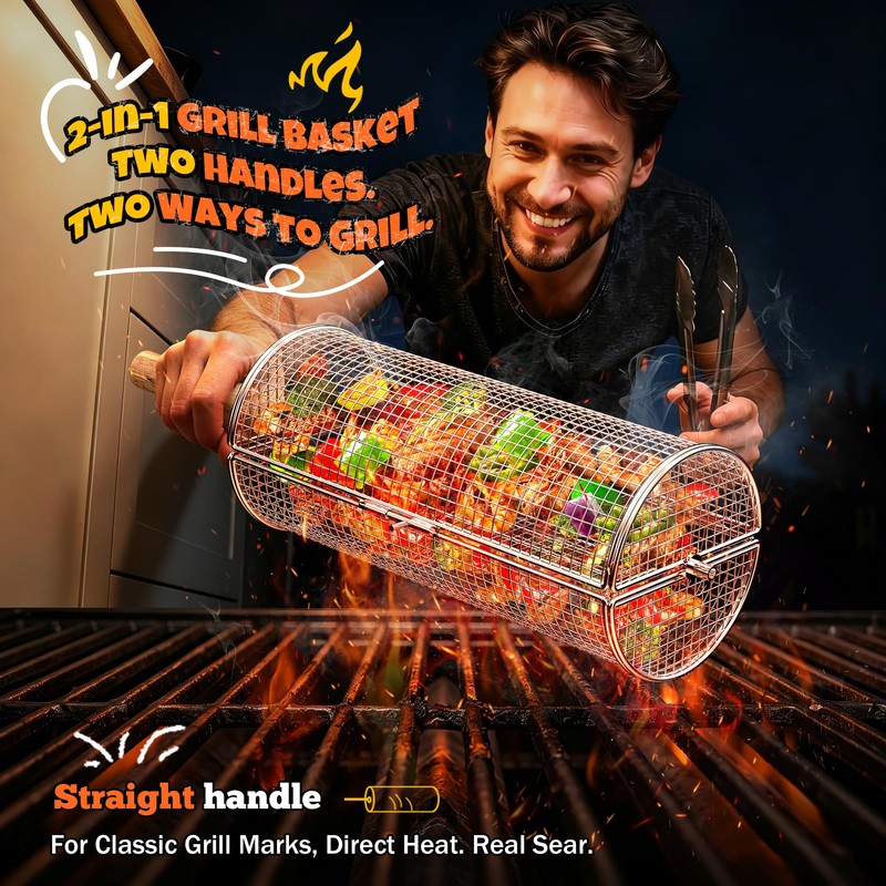 2-in-1 Rolling Grill Basket 304 Stainless Steel Rotatable with Dual