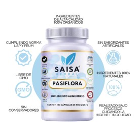 Pasiflora 100 Pura 120 Cápsulas Suplemento Alimenticio Saisa Herbal