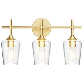 Ralbay Gold Bathroom Vanity Light 3-Lights Vintage Gold Vanity Lights Wall Lighting Clear Glass Gold Bathroom Light Fixtures Over Mirror