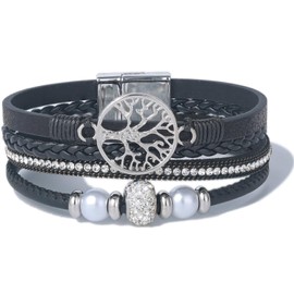 4-in-1 Tree of Life Leather Bracelets Charm Braided Rhinestone Beaded Strands Stackable Boho Wrap Bracelet with Magnetic Closure Christmas Gift Inspirational Spiritual Jewelry for Women(Black)