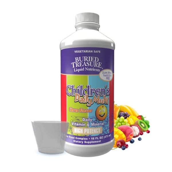 Buried Treasure Children's Daily Multi Liquid Multivitamin & Minerals Nutritional Dietary Vegan Supplement for Kids No Artificial Ingredients Non-GMO Natural Fruit Flavors, 16 oz w/Dose Cup