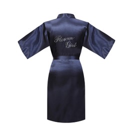 ALHAVONE Rhinestone Flower Girl Silky Satin Solid Color Short Kimono Robe for Wedding Birthday Party Spa (Navy,4)