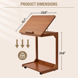 CozyDH C Shaped Side Table with 360° Lockable Caster, Adjustable Desktop Solid Rubberwood Bedside End Table Bedroom, Nightstand with Storage Universal Wheels Living Room, Walnut