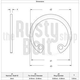 The Rusty Bolt Shop 8mm, Internal Circlip, Carbon Steel, Retaining Snap Ring, Inner, Retainer, Clip - 10