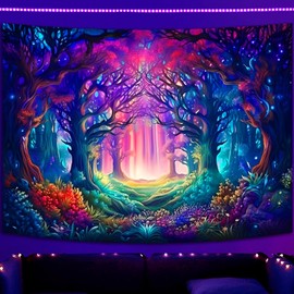 Simpkeely Blacklight Fantasy Forest Tapestry, UV Reactive Nature Magical Tree Glow Wall Hanging Tapestries for Bedroom, Living Room - 130cm x 150cm