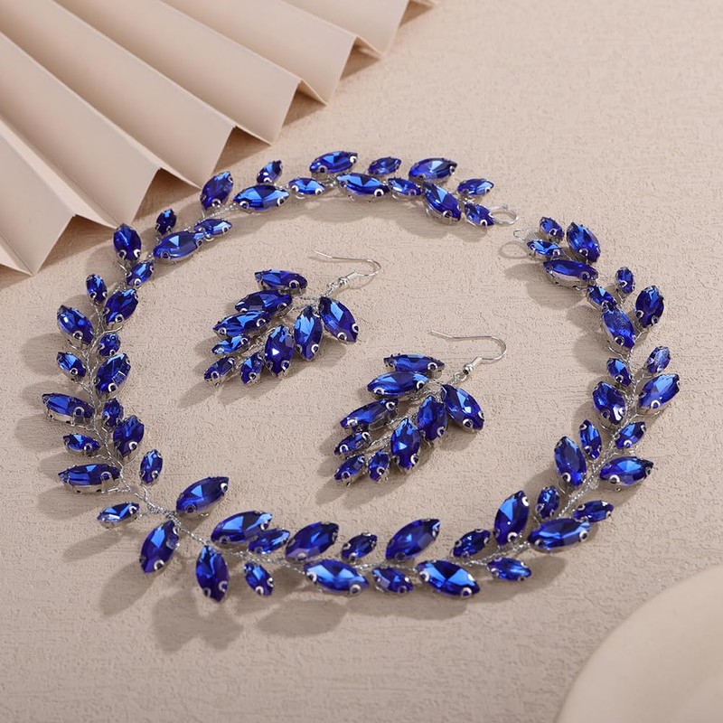 Teyglen Wedding Blue Rhinestone Headband Bridal Crystal Hair Vine Handmade