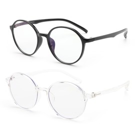 Round Frame Blue Light Blocking Glasses, TR90 Lightweight, 2-Pack, Black and Clear (Black +Clear)