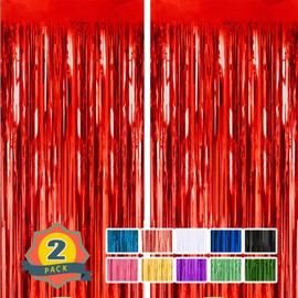 2 Pack 3.3 ft x 9.9 ft Red Tinsel Curtain Party Backdrop Decorations, Metallic Foil Fringe Backdrop Door for Bachelorette Party Decorations,Red Streamers,Red Birthday Backdrop