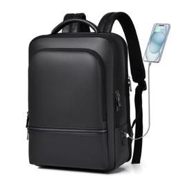 CHAO RAN Leather Laptop Backpack for Men Fit 15.6 Inch Laptop, Business Work Office College Medium Backpack with USB Charging Port, Waterproof Black Travel Bag (Black01)