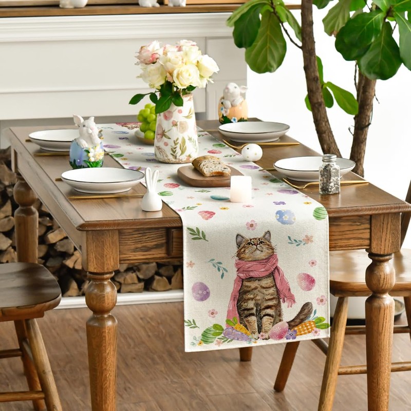 Artoid Mode Flowers Easter Eggs Cat Carrot Easter Table Runner,