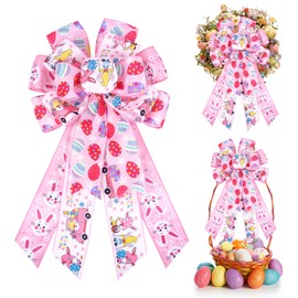 KOPHINYE Easter Bows for Wreath Decorations, Pink Bunny Easter Tree Topper Bow, Gnome Egg Burlap Wreath Bows for Basket Front Door Party Outdoor Spring Home Décor