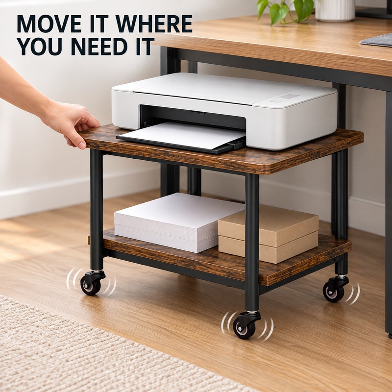 2 Tier Rolling Under Desk Printer Stand, 19.5 Inch Rustic