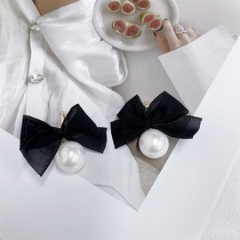 Dainty Black Bow Round Pearl Dangle Drop Earrings for Women Fashion 925 Sterling Silver Post Butterfly Dangling Lightweight Hypoallergenic Jewelry Gift