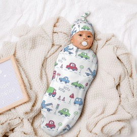 Car Theme Baby Stuff Newborn Swaddle Blanket with Beanie Set, Soft and Stretchy Baby Blanket Swaddle Sleep Sack for Boy and Girl