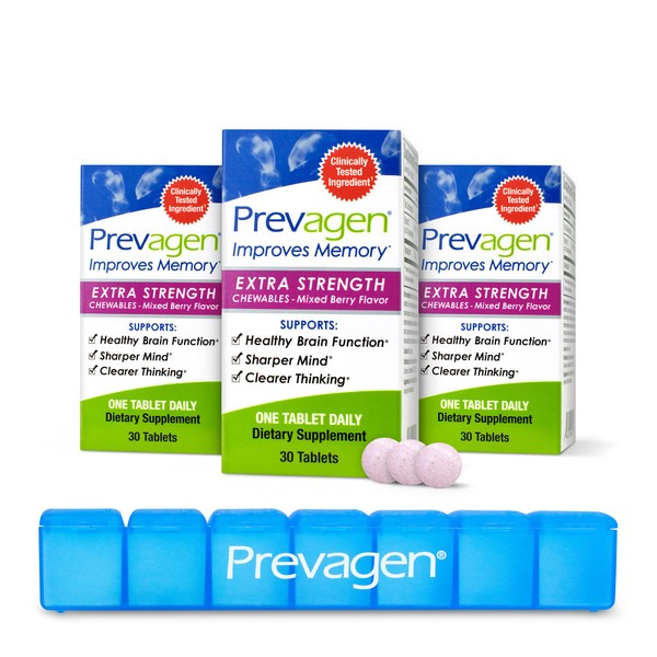 Prevagen Improves Memory - Extra Strength 20mg, 30 Chewables |Mixed Berry-3 Pack| with Apoaequorin & Vitamin D & Prevagen 7-Day Pill Minder | Brain Supplement for Better Brain Health