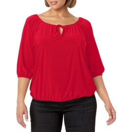 Star Vixen Women's Plus-Size 3/4 Sleeve Peasant Elastic-Hem Keyhole-Tie Top, red, 3X