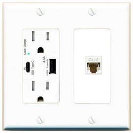 RiteAV 1 Port Cat6 Ethernet Wall Plate Female-Female - USB A+C Charger Outlet [White/White]