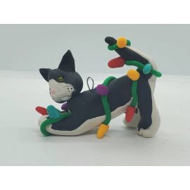 Celtic Forest Clay BLACK and WHITE CAT Christmas Ornament TANGLED IN LIGHTS Stretching HAND MADE