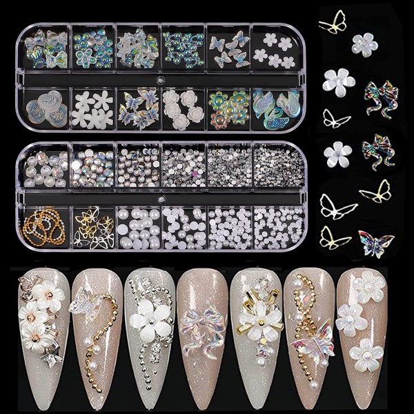 Nail Art Rhinestones and Pearls,2 Boxes Butterfly Bowknot Flower Nail Art Charms,Aurora Bear 3D Nail Art Decorations for Nail Art Design DIY Crafting Party Daily Wedding