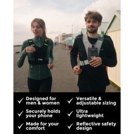 TIYA Running Vest Phone Holder – Lightweight, Waterproof & Reflective – Includes Front Pouch & Shoulder Pocket – Holds Keys, Cards & Smartphones – Adjustable Waist Band – for Men & Women – Black