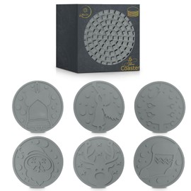 Silicone Coasters with Christmas Design - 2-Sided Design -Set of 6 Silicone Coasters Thickened Round 4.3 Inch Drink Coasters Cup Mat - Non-Slip, Non-Stick, Stay Pu