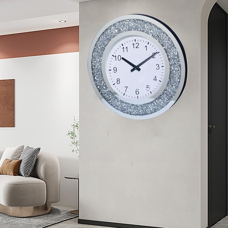 CUYOU Mirrored Large Wall Clock for Wall Decoration Silver Glass