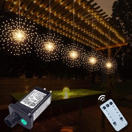 SHUKAN 5 Pcs 1000 LED Plug-in Starburst Sphere Lights, Firework Light 8 Modes Dimmable Remote Control Waterproof Hanging Fairy Light, Copper Wire Lights for Patio Party Tent Christmas (Warm White)