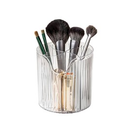 Gidary Makeup Brush Holder,Transparent Makeup Organizer,4 Slot Makeup Brushes Cup,for Vanity Decor,Bathroom Countertops,Desk Storage Container,Cosmetic Display cases (Clear White