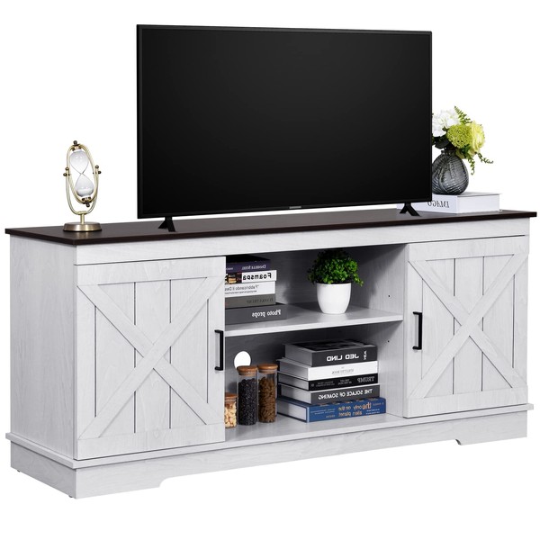 YITAHOME Farmhouse TV Stand for 65 Inch TV, Mid Century Modern Entertainment Center for 300lbs with Double Barn Doors, Rustic TV Media Console TV Cabinet for Living Room, Grey White/Espresso
