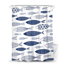Nanoflake Navy Blue and White Fish Pattern Shower Curtain Set with Hooks, Waterproof, 72in x 72in (Blue and White)