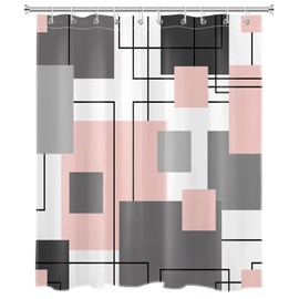 LB Black and White Geometric Shower Curtain Decor, Abstract Mid Century Grey and Pink Shower Curtains for Bathroom 60X72 inch Polyester Fabric Bathroom Decoration Bath Curtains Hooks Included