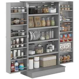 HOMCOM 41" Kitchen Pantry Storage Cabinet, Freestanding Kitchen Cabinet with 12 Door Shelves, Double Doors, 5-Tier Shelving and Adjustable Shelves, Paper Gray
