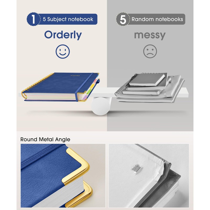 Hardcover Spiral Notebook journal with Removable Dividers Tabs, 300 Pages