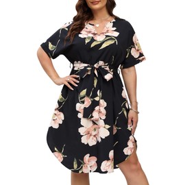 Nemidor Womens Casual Plus Size Summer Boho Floral Print Swing Midi Dress with Pockets NEM306(24,Black Pink)