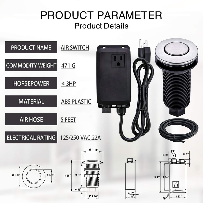 SINKINGDOM Garbage Disposal SinkTop Air Switch Kit with Long Button,Brass