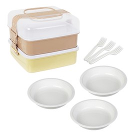 sanko- Plastic Lunch Boxes Family Size Rio Pack L Shape 2 Tier Needle Plate With 3 Blades, Earth Beige 116888 