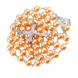 Kuesn 8mm Pearl Rosary Beads Catholic Necklace Glass Beads Necklace with Crucifix Charms Long Rosary Beads Necklace Prayer Beads Catholic Rosary Necklace for Women Gifts (Orange)